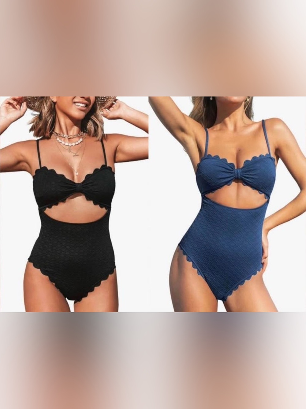 NWT Set Of 2 Cupshe One-piece Swimsuits Back Cutout Scallop Trim Blue/Black, XL
